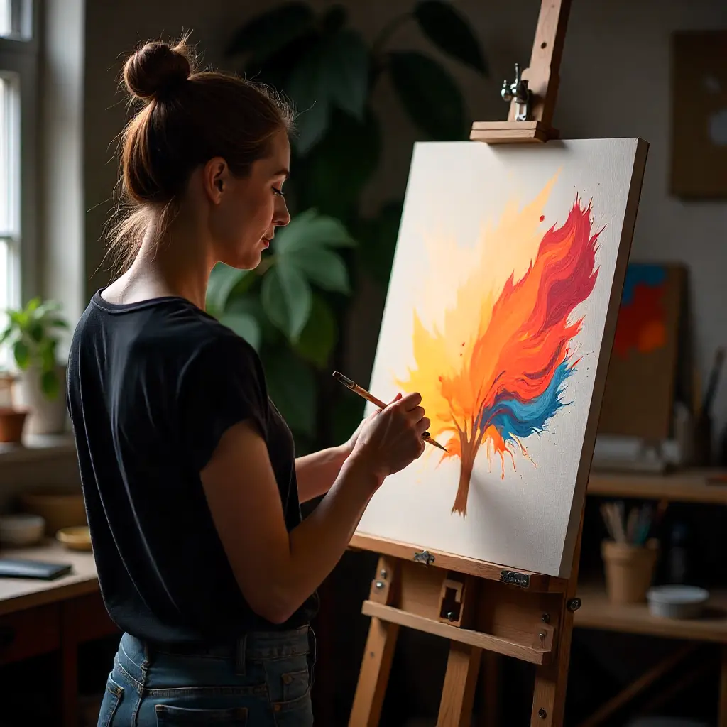 Adult student painting on canvas in online art class